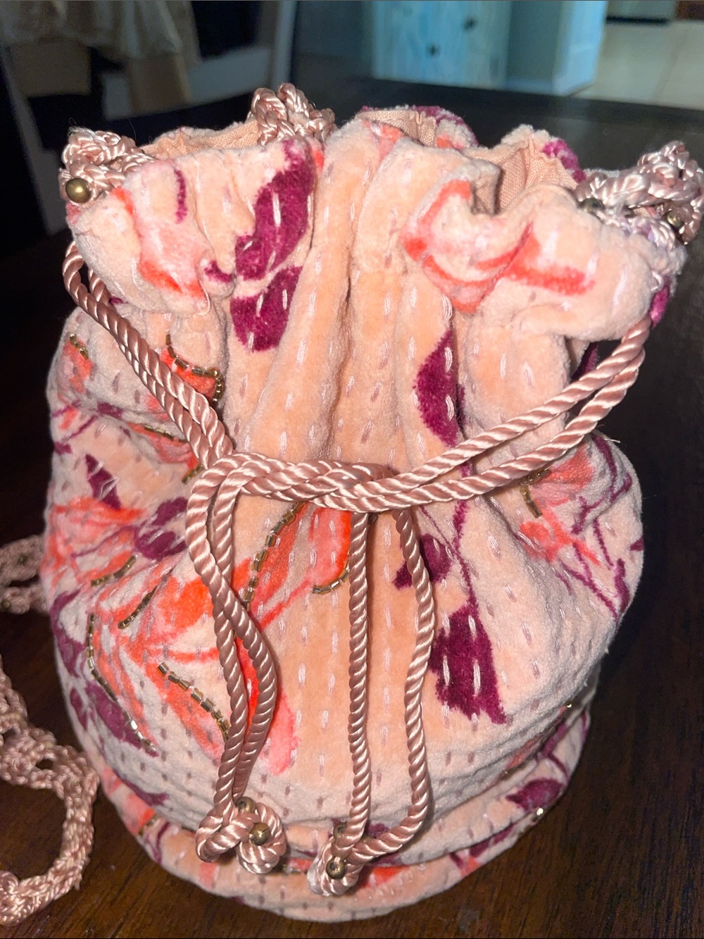 Pink Floral velvet moon Drawstring Bucket Bag